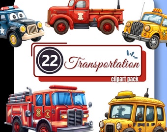 Paquete de imágenes prediseñadas de coche de policía, camión de bomberos, taxi, decoración de fiestas, descarga digital para uso comercial.