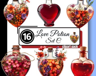 LOVE POTION Set C Clipart Magic Floral Apothecary Bottle Valentine Heart High Quality Watercolor PNG Instant Digital Download Commercial Use