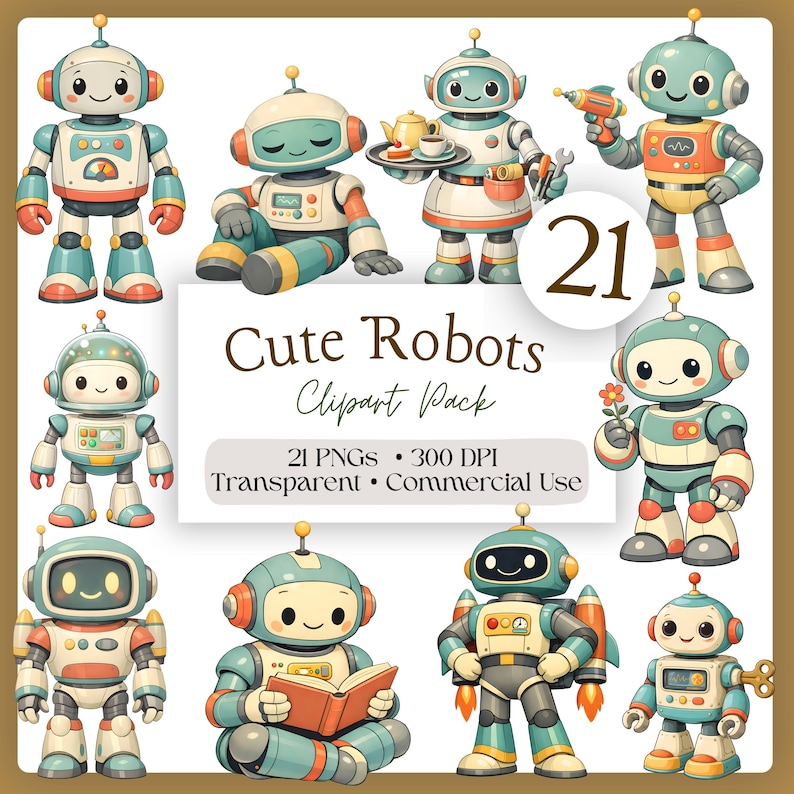 Retro Robot Clipart Pack - Cute Watercolor Mechanical Robots ...