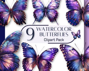 Puede incluir: Una colección de nueve imágenes prediseñadas de mariposas en acuarela. Las mariposas presentan una vibrante paleta de colores azules, morados y rosas. La imagen incluye el texto "9 Watercolor Butterflies Clipart Pack".