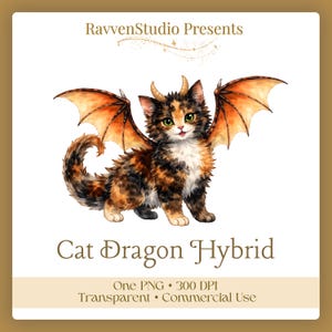 May include: Watercolor illustration of a cat-dragon hybrid. The creature has orange and black fur, orange wings, and small horns. The image is labeled "Cat Dragon Hybrid" with the text "RavvenStudio Presents" at the top.