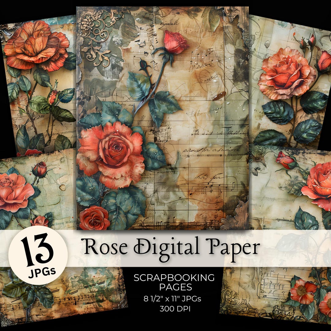 Rose Digital Paper Pack - Floral Flower Watercolor Collage Rosebud ...