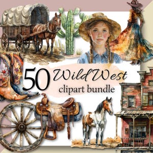 Carro coperto WILD WEST Acquerello Prateria Clipart Bundle PNG Cowboy Ruota Cavallo Mucca Stivali Carrozza Cactus Chitarra Città fantasma Uso commerciale