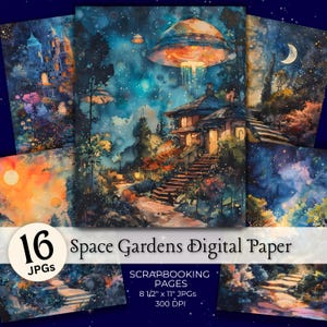 Rymdträdgård Digitalt Papper JPG Pack Natthimmel Rymdfantasi Blommor Trappor Scrapbook Skräpjournal Bakgrund Kommersiell Användning Digital Nedladdning