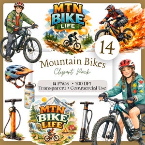May include: A collection of 14 mountain bike-themed clipart images. The illustrations include people riding bikes, helmets, water bottles, and a pump. The text "MTN BIKE LIFE" is featured in several designs. The clipart pack is transparent and suitable for commercial use.