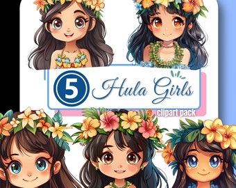 Luau Hula Girl Clipart, Hawaii Clip Art, Luau Party Décor Hawaiian Girls Tropical Flowers PNG, Instant Download Commercial Use for Creatives