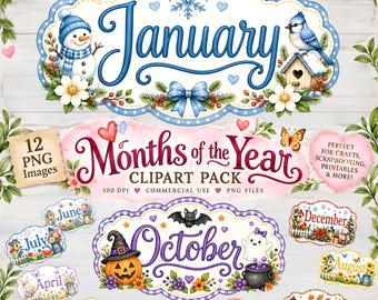 May include: A digital clipart pack featuring twelve decorative labels for each month of the year. The labels include seasonal illustrations like a snowman for January, a pumpkin for October, and floral accents. Text includes month names and 12 PNG Images.