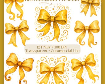 Clipart de laço dourado: imagens PNG de fita em aquarela (download digital)