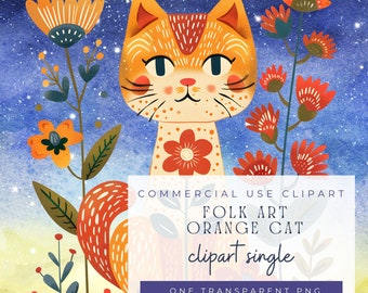 Folk Art Orange Cat Clipart | Digital Download | Commercial Use | Ginger Cat Clip Art | Orange Tabby Cat Clipart | Folk Art Quirky Cat PNG