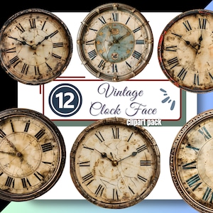 Peut inclure: Douze cadrans d'horloge vintage avec des chiffres romains et un aspect vieilli et usé. Les cadrans d'horloge sont dans différentes nuances de brun, blanc et bleu.