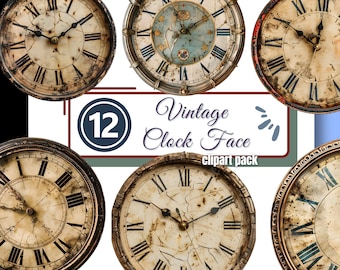 Vintage Clock Face Clipart Distressed Antique Roman Numeral Clip Art Junk Journal PNG Digital Download Commercial Use 4 Creators & Crafters
