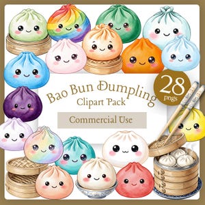 Puede incluir: Una colección de coloridas empanadillas bao bun de estilo caricatura con caras sonrientes. La imagen incluye empanadillas de varios colores, vaporeras de bambú, palillos y el texto "Bao Bun Dumpling Clipart Pack" y "Commercial Use."