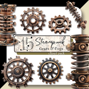 May include: A collection of 15 steampunk gears and cogs clipart pack. The image features various bronze and copper-colored gears, springs, and mechanical components. The text "15 Steampunk Gears & Cogs clipart pack" is displayed on a decorative banner.