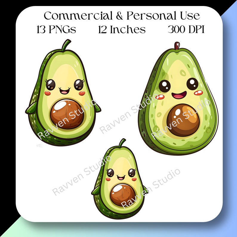 Avocado Clipart, Kawaii Avocado Png, Cute Fruit Clip Art, Digital ...