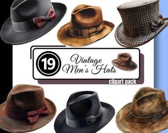 Vintage Men's Hat Clipart Fedora Cap Watercolor Fashion Man Houndstooth Clip Art High Quality PNG Instant Digital Download Commercial Use