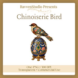 May include: A digital illustration of a Chinoiserie Bird perched atop a decorative blue egg. The bird features intricate floral patterns and the egg is adorned with jewels and gold accents. The image includes the text "RavvenStudio Presents Chinoiserie Bird".