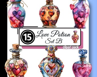 LOVE POTION Set B Clipart Magic Crystal Apothecary Bottle Valentine Heart High Quality Watercolor PNG Instant Digital Download Commercial