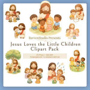 Può includere: Pacchetto di clipart ad acquerello intitolato "Gesù ama i bambini piccoli". L'immagine presenta illustrazioni di Gesù con bambini di diverse tonalità di pelle. È visibile anche il testo "RavvenStudio Presents" e "Clipart Pack".