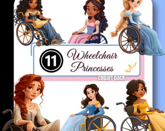 May include: A set of 11 digital clipart images featuring princesses in wheelchairs. The princesses are wearing various dresses and have different hair colors. The images are perfect for creating personalized projects, invitations, and more.