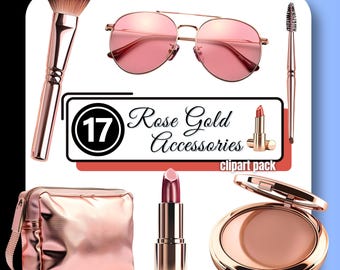 Op de afbeelding: Een set van 17 roségouden make-up accessoires, waaronder een make-up kwast, zonnebril, lippenstift, een compact poederdoosje en een make-up tas. De tekst "Rose Gold Accessories" en "clipart pack" is zichtbaar op de afbeelding.