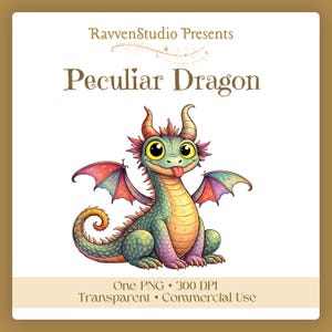 May include: A whimsical illustration of a cartoon dragon with a green body, yellow belly, and red accents. The dragon has large, expressive eyes, a pink tongue, and small wings. Text reads "Peculiar Dragon" and "RavvenStudio Presents".