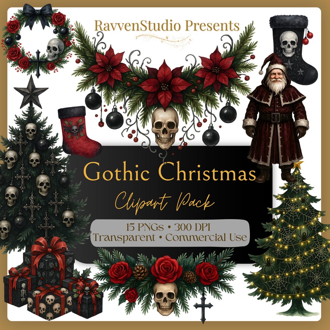 Gothic Christmas Clipart, Dark Holiday Pngs, Skulls & Roses, Goth Santa ...