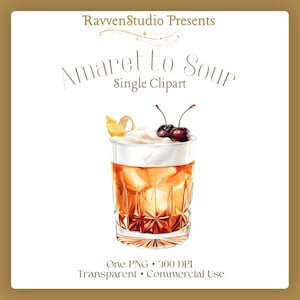 May include: Watercolor illustration of an Amaretto Sour cocktail in a faceted glass, garnished with cherries and a lemon twist. The image includes the text "RavvenStudio Presents" and "Amaretto Sour Single Clipart".