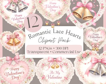 Lace Valentine Clipart, Romantic Hearts PNG, Vintage Romance, Wedding Bells, Shabby Chic Love Graphics, Commercial Use **Digital Download**