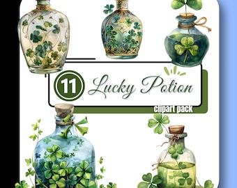 Lucky Potion clipart, magische fles clipart, aquarel potion clipart set, St Patrick's Day apotheker fles PNG, commercieel gebruik clipart