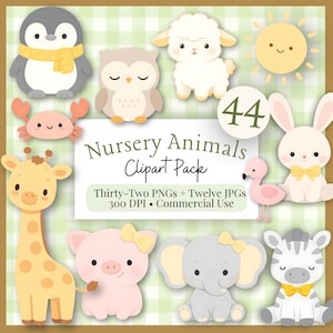 Djur Clipart-paket med plantskolor - 32 transparenta PNG-bilder + 6 bakgrunds-JPG-bilder + 6 sömlösa ginghammönster-JPG-bilder - Kommersiellt bruk (digital nedladdning)