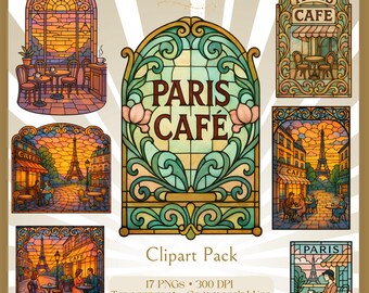 Pakiet clipartów witrażowych „Paris Cafe” | Sztuka retro bistro (dozwolone pobieranie cyfrowe/użycie komercyjne)