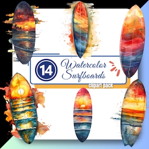Watercolor Sunset Surfboard Clipart Ocean Beach Wave Vibe Clip Art Junk Journal PNG Digital Download Commercial Use for Creators & Crafters