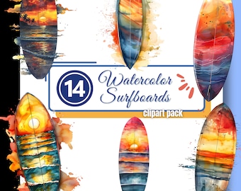 Watercolor Sunset Surfboard Clipart Ocean Beach Wave Vibe Clip Art Junk Journal PNG Digital Download Commercial Use for Creators & Crafters