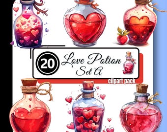 LOVE POTION Set A Clipart Magic Apothecary Bottle Valentine Red Heart High Quality Watercolor PNG Instant Digital Download Commercial Use