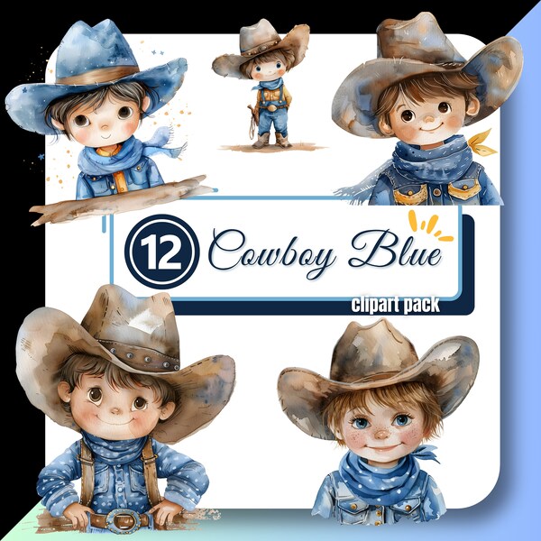 Little Cowboy Blue Watercolor Clipart, Boy Clip art, Western Png, Graphics for Invitations, Digital Download Commercial Use for Designers