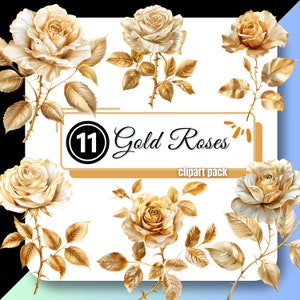 Blattgold Rosen Clipart metallic Blumen Hochzeit Luxus Junk Journal PNG Sofortiger digitaler Download kommerzielle Nutzung für Kreative und Handwerker