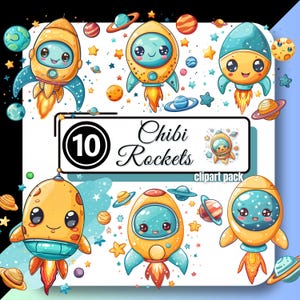 Cute Chibi ROCKETS Clipart Space Stars Baby Shower Invitation Graphics High Quality Kawaii PNG Instant Digital Download Commercial Use