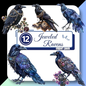 Jeweled Raven Clipart, Bird Clip Art, Digital Download, Commercial Use, Black Crow Gothic PNG, Watercolor graphics for Creators and Crafters