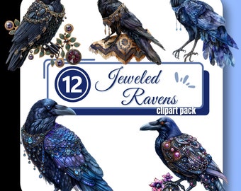 Jeweled Raven clipart, vogel illustraties, digitale download, commercieel gebruik, Black Crow Gothic PNG, aquarel graphics voor makers en makers