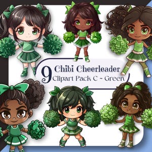 May include: A digital clipart pack featuring nine chibi cheerleader illustrations in various poses. Each cheerleader wears a green uniform with a matching bow and holds green pom-poms. The text "9 Chibi Cheerleader Clipart Pack C ~ Green" is displayed.