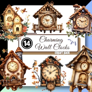 Wall Clock Clipart Clip Art Cuckoo Bird Flowers Vintage Junk Journal PNG Instant Digital Download Commercial Use for Creators and Crafters
