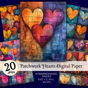 Op de afbeelding: Een verzameling digitale scrapbookpagina's met patchwork harten in verschillende kleuren. De afbeelding toont 20 JPG's met hartpatronen in oranje, paars en blauw. De pagina's zijn 21,59 cm x 27,94 cm bij 300 DPI. De tekst luidt "Patchwork Hearts Digital Paper".