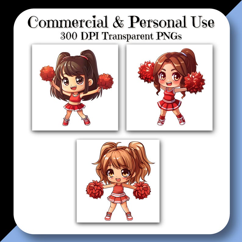 Chibi CHEERLEADER Clipart Set B PNG, Girl Cheer, Digital Download for ...