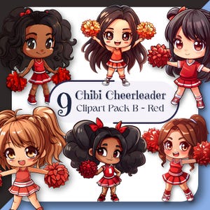 May include: A digital illustration featuring nine chibi cheerleader characters in red uniforms with matching pom-poms. The image includes the text "Chibi Cheerleader Clipart Pack B - Red".