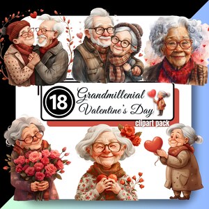 Couple grand-millénaire Saint-Valentin Clipart coeur drôle lunatique original personnes âgées Floral haute qualité PNG en téléchargement numérique instantané à usage Commercial