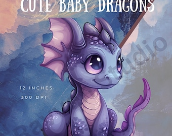 Baby Dragon Clipart, Kawaii Clip Art, Watercolor, Instant Download, Baby Shower, Cute Little Animal PNG, Commercial Use, Fantasy Creatures