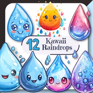 Puede incluir: Ilustración de 12 gotas de lluvia Kawaii en varios colores, incluyendo azul, rosa, naranja y morado. Cada gota tiene una cara sonriente. También incluye el texto '12 Kawaii Raindrops'.