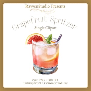 Può includere: Illustrazione ad acquerello di un cocktail Grapefruit Spritzer. La bevanda è in un bicchiere trasparente con ghiaccio, una fetta di pompelmo e un rametto di menta. Il testo "RavvenStudio Presents" e "Grapefruit Spritzer Single Clipart" è in alto.