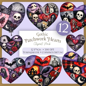 May include: A collection of 12 Gothic Patchwork Hearts clipart. Each heart features a unique design with skulls, bats, spiders, and other spooky elements. The hearts are in various colors, including black, purple, red, and gray. The text on the image says "Gothic Patchwork Hearts Clipart Pack".