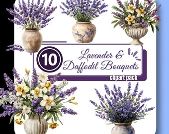 Lavender & Daffodil Bouquet Clipart, Floral PNG, Digital Download, Commercial Use, Vase of Purple Flowers Graphics for Creators